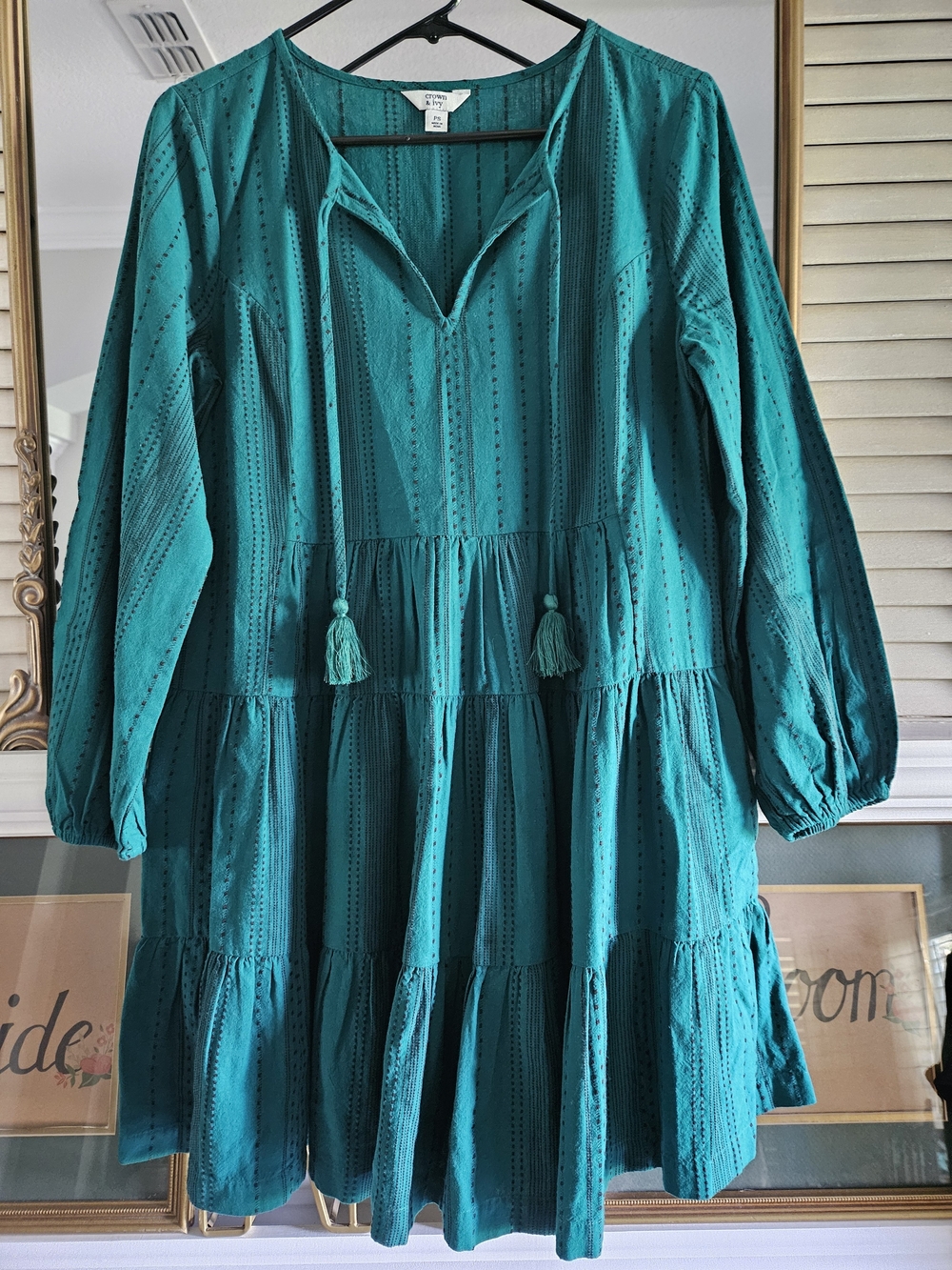 Crown & Ivy Teal Tiered Tassel Boho Dress Petite Small PS